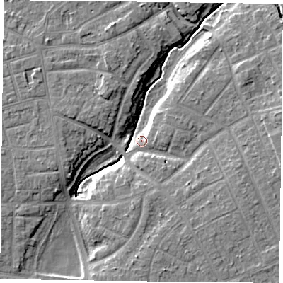 Shaded relief map of the ground around YO310RF, computed from Environment Agency LiDAR. The ground here sits at about 11 m above sea level and falls 8 m across the surrounding 800 m. Surface water reaching this point runs off ground lying to the east-north-east, 4.8 m higher.
