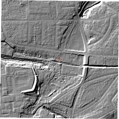 Shaded relief map of the ground around YO310UE, computed from Environment Agency LiDAR. The ground here sits at about 11 m above sea level and falls 10 m across the surrounding 800 m. Surface water reaching this point runs off ground lying to the east, 6.2 m higher.