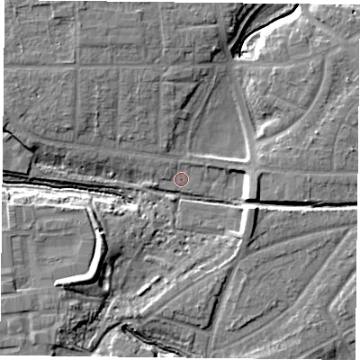 Shaded relief map of the ground around YO310UF, computed from Environment Agency LiDAR. The ground here sits at about 11 m above sea level and falls 10 m across the surrounding 800 m. Surface water reaching this point runs off ground lying to the east-south-east, 5.7 m higher.