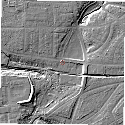 Shaded relief map of the ground around YO310UG, computed from Environment Agency LiDAR. The ground here sits at about 11 m above sea level and falls 10 m across the surrounding 800 m. Surface water reaching this point runs off ground lying to the north-north-west, 6.1 m higher.