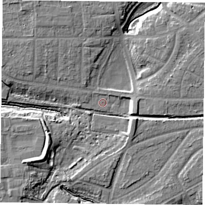 Shaded relief map of the ground around YO310YB, computed from Environment Agency LiDAR. The ground here sits at about 11 m above sea level and falls 10 m across the surrounding 800 m. Surface water reaching this point runs off ground lying to the north-east, 0.9 m higher.