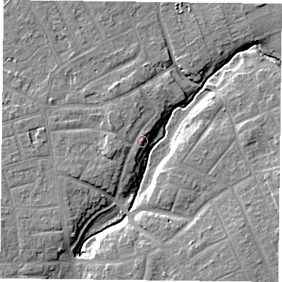 Shaded relief map of the ground around YO311AJ, computed from Environment Agency LiDAR. The ground here sits at about 14 m above sea level and falls 8 m across the surrounding 800 m. Surface water reaching this point runs off ground lying to the west-south-west, 2.4 m higher.