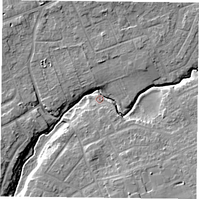 Shaded relief map of the ground around YO311BB, computed from Environment Agency LiDAR. The ground here sits at about 11 m above sea level and falls 8 m across the surrounding 800 m. Surface water reaching this point runs off ground lying to the south-east, 6.6 m higher.