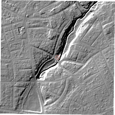 Shaded relief map of the ground around YO311SJ, computed from Environment Agency LiDAR. The ground here sits at about 10 m above sea level and falls 8 m across the surrounding 800 m. Surface water reaching this point runs off ground lying to the north-north-west, 8.1 m higher.