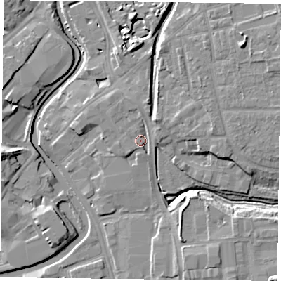 Shaded relief map of the ground around YO317AD, computed from Environment Agency LiDAR. The ground here sits at about 12 m above sea level and falls 12 m across the surrounding 800 m. Surface water reaching this point runs off ground lying to the north, 2.9 m higher.