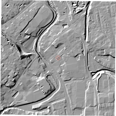 Shaded relief map of the ground around YO317AF, computed from Environment Agency LiDAR. The ground here sits at about 10 m above sea level and falls 13 m across the surrounding 800 m. Surface water reaching this point runs off ground lying to the east-south-east, 1.2 m higher.