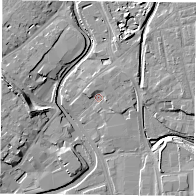 Shaded relief map of the ground around YO317AJ, computed from Environment Agency LiDAR. The ground here sits at about 10 m above sea level and falls 13 m across the surrounding 800 m. Surface water reaching this point runs off ground lying to the east-south-east, 2.8 m higher.