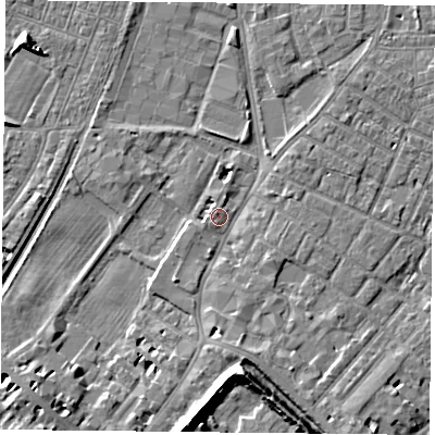 Shaded relief map of the ground around YO317EL, computed from Environment Agency LiDAR. The ground here sits at about 13 m above sea level and falls 10 m across the surrounding 800 m. Surface water reaching this point runs off ground lying to the south-south-east, 3.5 m higher.