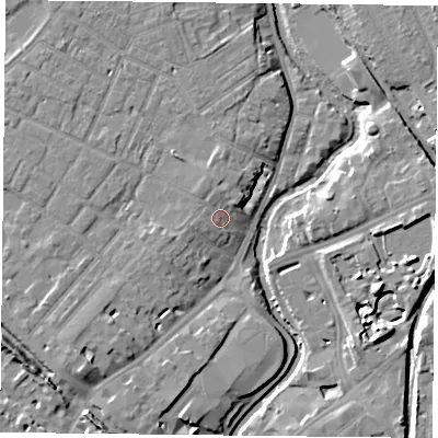 Shaded relief map of the ground around YO317LA, computed from Environment Agency LiDAR. The ground here sits at about 12 m above sea level and falls 12 m across the surrounding 800 m. Surface water reaching this point runs off ground lying to the west-south-west, 2.4 m higher.