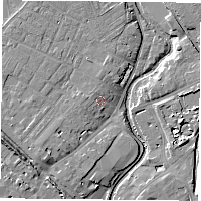 Shaded relief map of the ground around YO317NU, computed from Environment Agency LiDAR. The ground here sits at about 12 m above sea level and falls 12 m across the surrounding 800 m. Surface water reaching this point runs off ground lying to the west, 2.7 m higher.