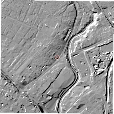 Shaded relief map of the ground around YO317PA, computed from Environment Agency LiDAR. The ground here sits at about 11 m above sea level and falls 12 m across the surrounding 800 m. Surface water reaching this point runs off ground lying to the south-west, 7.0 m higher.