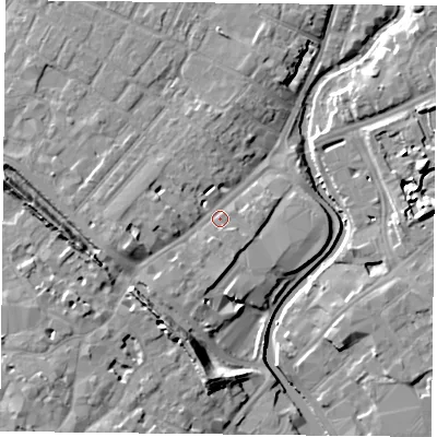 Shaded relief map of the ground around YO317PF, computed from Environment Agency LiDAR. The ground here sits at about 13 m above sea level and falls 13 m across the surrounding 800 m. Surface water reaching this point runs off ground lying to the west-south-west, 5.5 m higher.