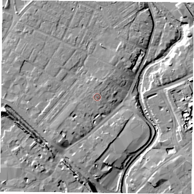 Shaded relief map of the ground around YO317PN, computed from Environment Agency LiDAR. The ground here sits at about 13 m above sea level and falls 13 m across the surrounding 800 m. Surface water reaching this point runs off ground lying to the west, 1.3 m higher.
