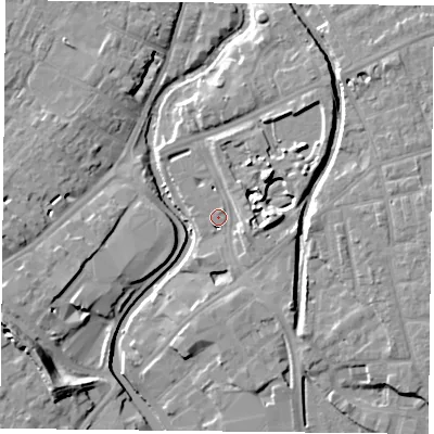 Shaded relief map of the ground around YO317RE, computed from Environment Agency LiDAR. The ground here sits at about 11 m above sea level and falls 12 m across the surrounding 800 m. Surface water reaching this point runs off ground lying to the east, 6.1 m higher.
