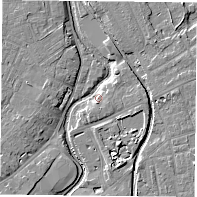 Shaded relief map of the ground around YO317SJ, computed from Environment Agency LiDAR. The ground here sits at about 12 m above sea level and falls 9 m across the surrounding 800 m. Surface water reaching this point runs off ground lying to the east-south-east, 4.2 m higher.