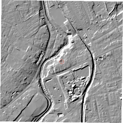Shaded relief map of the ground around YO317SL, computed from Environment Agency LiDAR. The ground here sits at about 12 m above sea level and falls 10 m across the surrounding 800 m. Surface water reaching this point runs off ground lying to the east, 1.8 m higher.