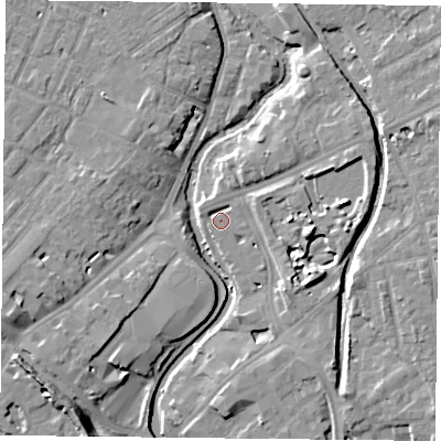 Shaded relief map of the ground around YO317SQ, computed from Environment Agency LiDAR. The ground here sits at about 11 m above sea level and falls 12 m across the surrounding 800 m. Surface water reaching this point runs off ground lying to the east-south-east, 8.9 m higher.