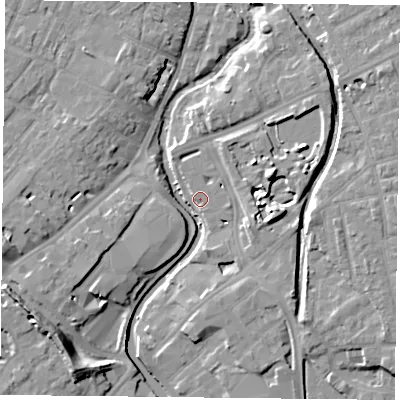Shaded relief map of the ground around YO317SS, computed from Environment Agency LiDAR. The ground here sits at about 11 m above sea level and falls 12 m across the surrounding 800 m. Surface water reaching this point runs off ground lying to the east, 9.5 m higher.