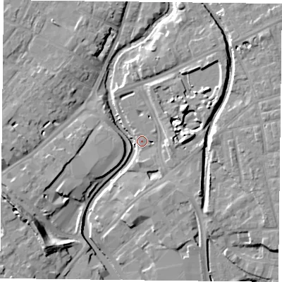 Shaded relief map of the ground around YO317ST, computed from Environment Agency LiDAR. The ground here sits at about 11 m above sea level and falls 12 m across the surrounding 800 m. Surface water reaching this point runs off ground lying to the east, 9.5 m higher.