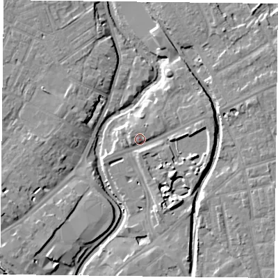 Shaded relief map of the ground around YO317SX, computed from Environment Agency LiDAR. The ground here sits at about 12 m above sea level and falls 11 m across the surrounding 800 m. Surface water reaching this point runs off ground lying to the east-south-east, 4.7 m higher.