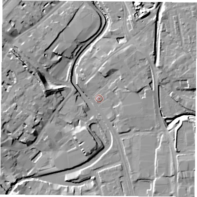 Shaded relief map of the ground around YO317UJ, computed from Environment Agency LiDAR. The ground here sits at about 10 m above sea level and falls 13 m across the surrounding 800 m. Surface water reaching this point runs off ground lying to the south-east, 5.7 m higher.