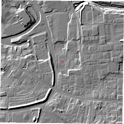 Shaded relief map of the ground around YO317UL, computed from Environment Agency LiDAR. The ground here sits at about 10 m above sea level and falls 13 m across the surrounding 800 m. Surface water reaching this point runs off ground lying to the south-east, 3.1 m higher.