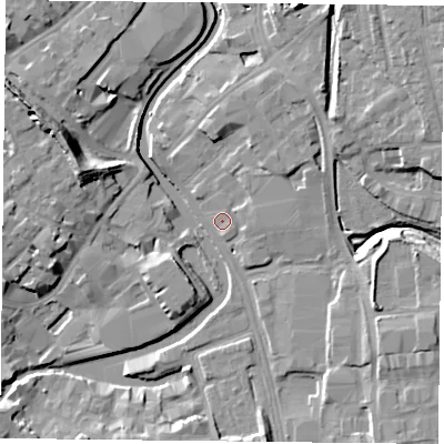 Shaded relief map of the ground around YO317UP, computed from Environment Agency LiDAR. The ground here sits at about 10 m above sea level and falls 13 m across the surrounding 800 m. Surface water reaching this point runs off ground lying to the south-east, 5.7 m higher.