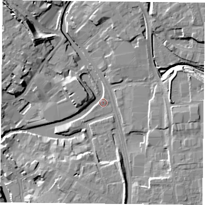 Shaded relief map of the ground around YO317UR, computed from Environment Agency LiDAR. The ground here sits at about 9 m above sea level and falls 13 m across the surrounding 800 m. Surface water reaching this point runs off ground lying to the south-south-east, 7.7 m higher.