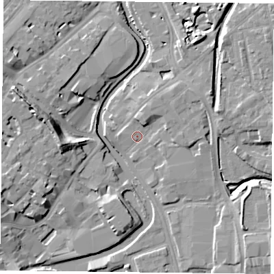 Shaded relief map of the ground around YO317US, computed from Environment Agency LiDAR. The ground here sits at about 10 m above sea level and falls 13 m across the surrounding 800 m. Surface water reaching this point runs off ground lying to the east-north-east, 2.8 m higher.