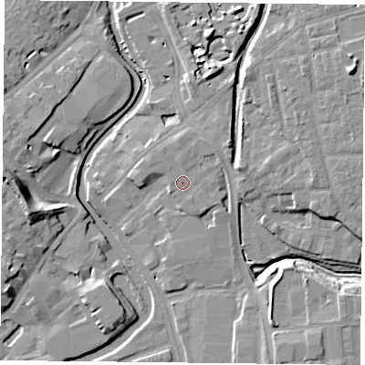 Shaded relief map of the ground around YO317UU, computed from Environment Agency LiDAR. The ground here sits at about 12 m above sea level and falls 13 m across the surrounding 800 m. Surface water reaching this point runs off ground lying to the west-north-west, 1.1 m higher.
