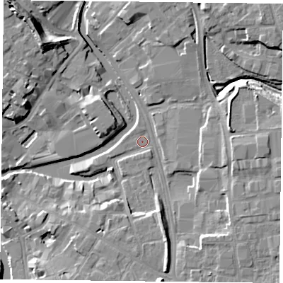Shaded relief map of the ground around YO317UY, computed from Environment Agency LiDAR. The ground here sits at about 9 m above sea level and falls 13 m across the surrounding 800 m. Surface water reaching this point runs off ground lying to the south-south-east, 6.7 m higher.