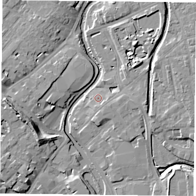 Shaded relief map of the ground around YO317UZ, computed from Environment Agency LiDAR. The ground here sits at about 10 m above sea level and falls 13 m across the surrounding 800 m. Surface water reaching this point runs off ground lying to the south-south-east, 2.2 m higher.
