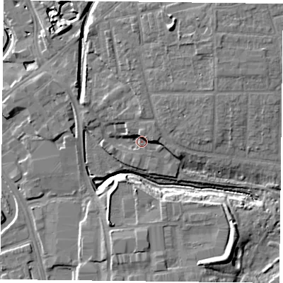 Shaded relief map of the ground around YO317XD, computed from Environment Agency LiDAR. The ground here sits at about 11 m above sea level and falls 12 m across the surrounding 800 m. Surface water reaching this point runs off ground lying to the north, 4.5 m higher.