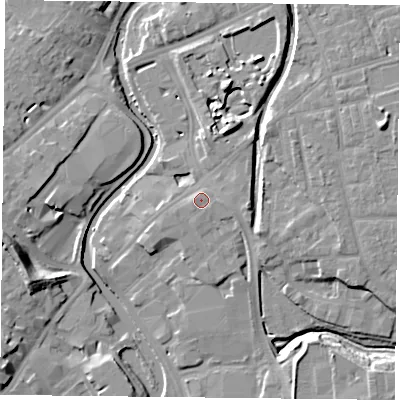 Shaded relief map of the ground around YO317YW, computed from Environment Agency LiDAR. The ground here sits at about 12 m above sea level and falls 13 m across the surrounding 800 m. Surface water reaching this point runs off ground lying to the east, 1.0 m higher.