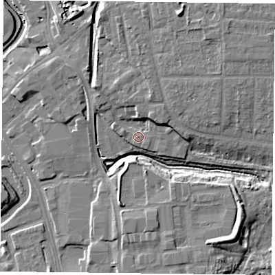 Shaded relief map of the ground around YO317ZQ, computed from Environment Agency LiDAR. The ground here sits at about 11 m above sea level and falls 12 m across the surrounding 800 m. Surface water reaching this point runs off ground lying to the north-north-east, 4.5 m higher.