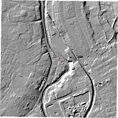 Shaded relief map of the ground around YO318AA, computed from Environment Agency LiDAR. The ground here sits at about 9 m above sea level and falls 8 m across the surrounding 800 m. Surface water reaching this point runs off ground lying to the north-west, 6.8 m higher.