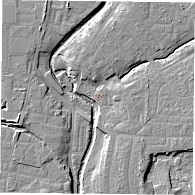 Shaded relief map of the ground around YO318FB, computed from Environment Agency LiDAR. The ground here sits at about 11 m above sea level and falls 9 m across the surrounding 800 m. Surface water reaching this point runs off ground lying to the east, 3.1 m higher.