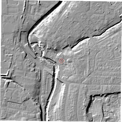 Shaded relief map of the ground around YO318FE, computed from Environment Agency LiDAR. The ground here sits at about 11 m above sea level and falls 9 m across the surrounding 800 m. Surface water reaching this point runs off ground lying to the east, 3.1 m higher.