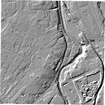 Shaded relief map of the ground around YO318LG, computed from Environment Agency LiDAR. The ground here sits at about 13 m above sea level and falls 10 m across the surrounding 800 m. Surface water reaching this point runs off ground lying to the south-west, 0.8 m higher.