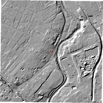 Shaded relief map of the ground around YO318RA, computed from Environment Agency LiDAR. The ground here sits at about 11 m above sea level and falls 12 m across the surrounding 800 m. Surface water reaching this point runs off ground lying to the south-west, 7.4 m higher.