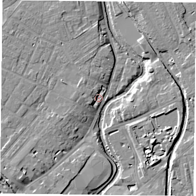 Shaded relief map of the ground around YO318RB, computed from Environment Agency LiDAR. The ground here sits at about 9 m above sea level and falls 11 m across the surrounding 800 m. Surface water reaching this point runs off ground lying to the west-north-west, 4.5 m higher.