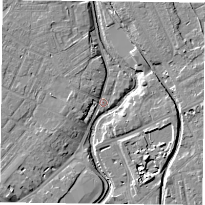 Shaded relief map of the ground around YO318RD, computed from Environment Agency LiDAR. The ground here sits at about 9 m above sea level and falls 10 m across the surrounding 800 m. Surface water reaching this point runs off ground lying to the west-north-west, 4.7 m higher.