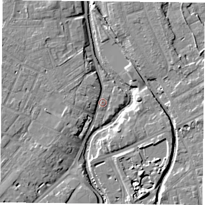 Shaded relief map of the ground around YO318RE, computed from Environment Agency LiDAR. The ground here sits at about 10 m above sea level and falls 9 m across the surrounding 800 m. Surface water reaching this point runs off ground lying to the west, 3.5 m higher.