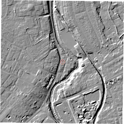 Shaded relief map of the ground around YO318RF, computed from Environment Agency LiDAR. The ground here sits at about 9 m above sea level and falls 9 m across the surrounding 800 m. Surface water reaching this point runs off ground lying to the west-north-west, 3.3 m higher.