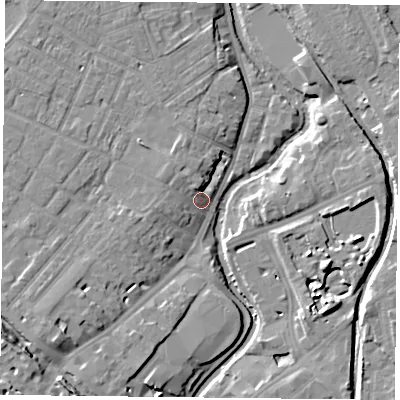 Shaded relief map of the ground around YO318RH, computed from Environment Agency LiDAR. The ground here sits at about 11 m above sea level and falls 12 m across the surrounding 800 m. Surface water reaching this point runs off ground lying to the west, 3.4 m higher.