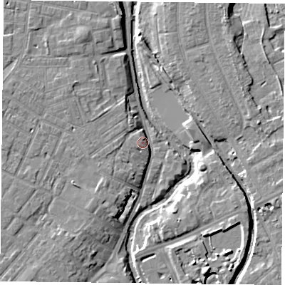 Shaded relief map of the ground around YO318RL, computed from Environment Agency LiDAR. The ground here sits at about 12 m above sea level and falls 8 m across the surrounding 800 m. Surface water reaching this point runs off ground lying to the south-west, 3.7 m higher.