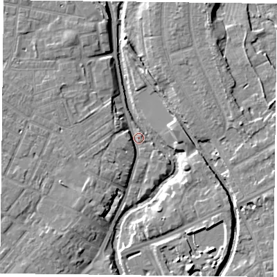 Shaded relief map of the ground around YO318RN, computed from Environment Agency LiDAR. The ground here sits at about 9 m above sea level and falls 8 m across the surrounding 800 m. Surface water reaching this point runs off ground lying to the west-north-west, 4.7 m higher.