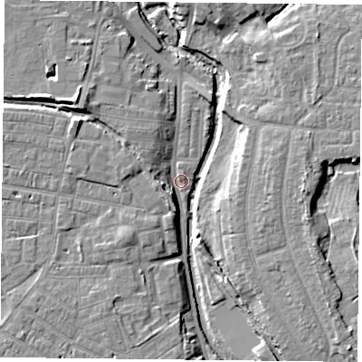 Shaded relief map of the ground around YO318RP, computed from Environment Agency LiDAR. The ground here sits at about 10 m above sea level and falls 9 m across the surrounding 800 m. Surface water reaching this point runs off ground lying to the north-west, 7.0 m higher.