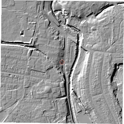 Shaded relief map of the ground around YO318RR, computed from Environment Agency LiDAR. The ground here sits at about 10 m above sea level and falls 9 m across the surrounding 800 m. Surface water reaching this point runs off ground lying to the west-north-west, 6.6 m higher.