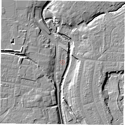 Shaded relief map of the ground around YO318RS, computed from Environment Agency LiDAR. The ground here sits at about 10 m above sea level and falls 9 m across the surrounding 800 m. Surface water reaching this point runs off ground lying to the north-north-east, 2.2 m higher.